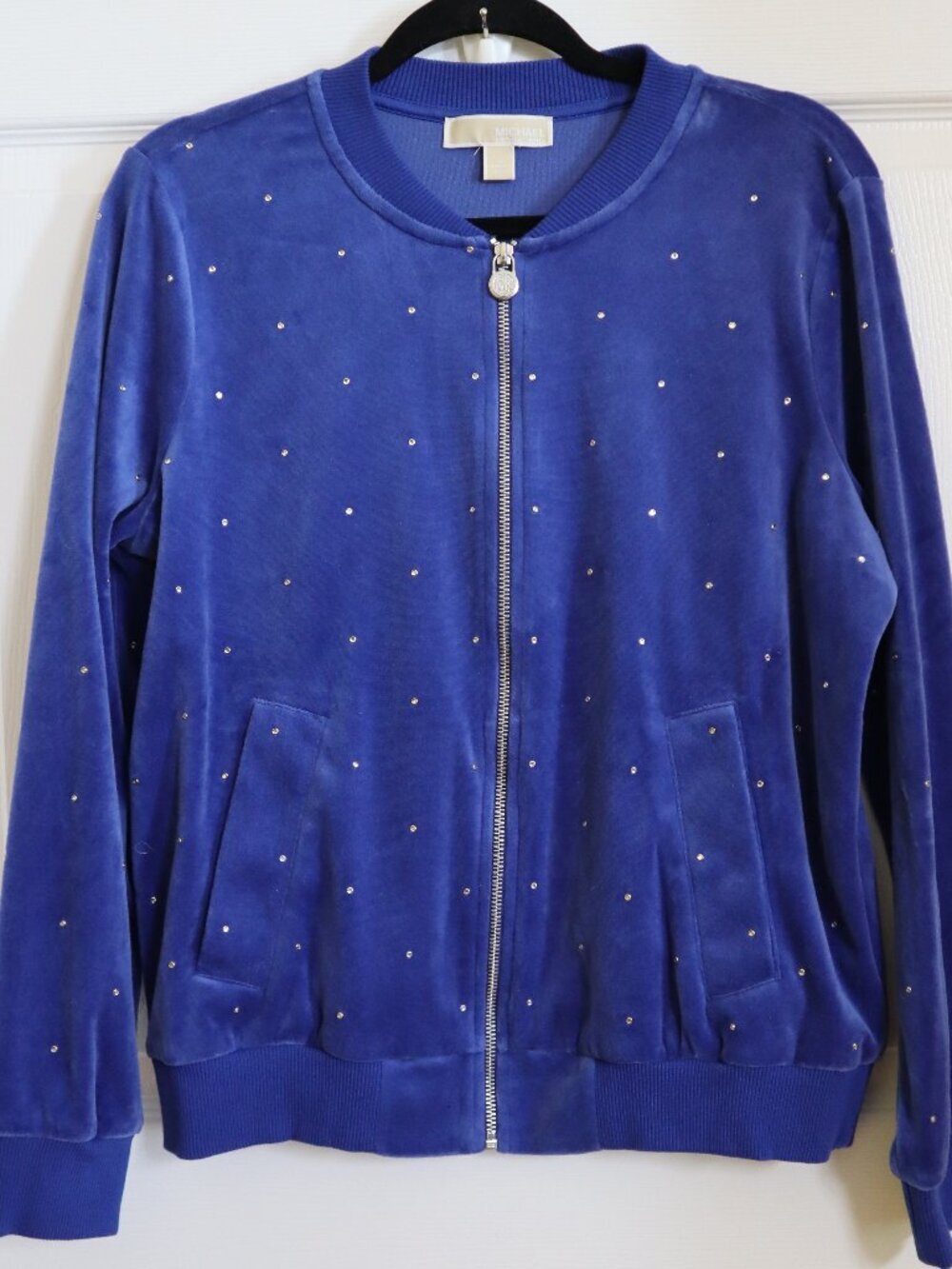 Michael Kors Embellished Velour Bomber Jacket Zip Sweatshirt Sz L Royal Blue Y2K